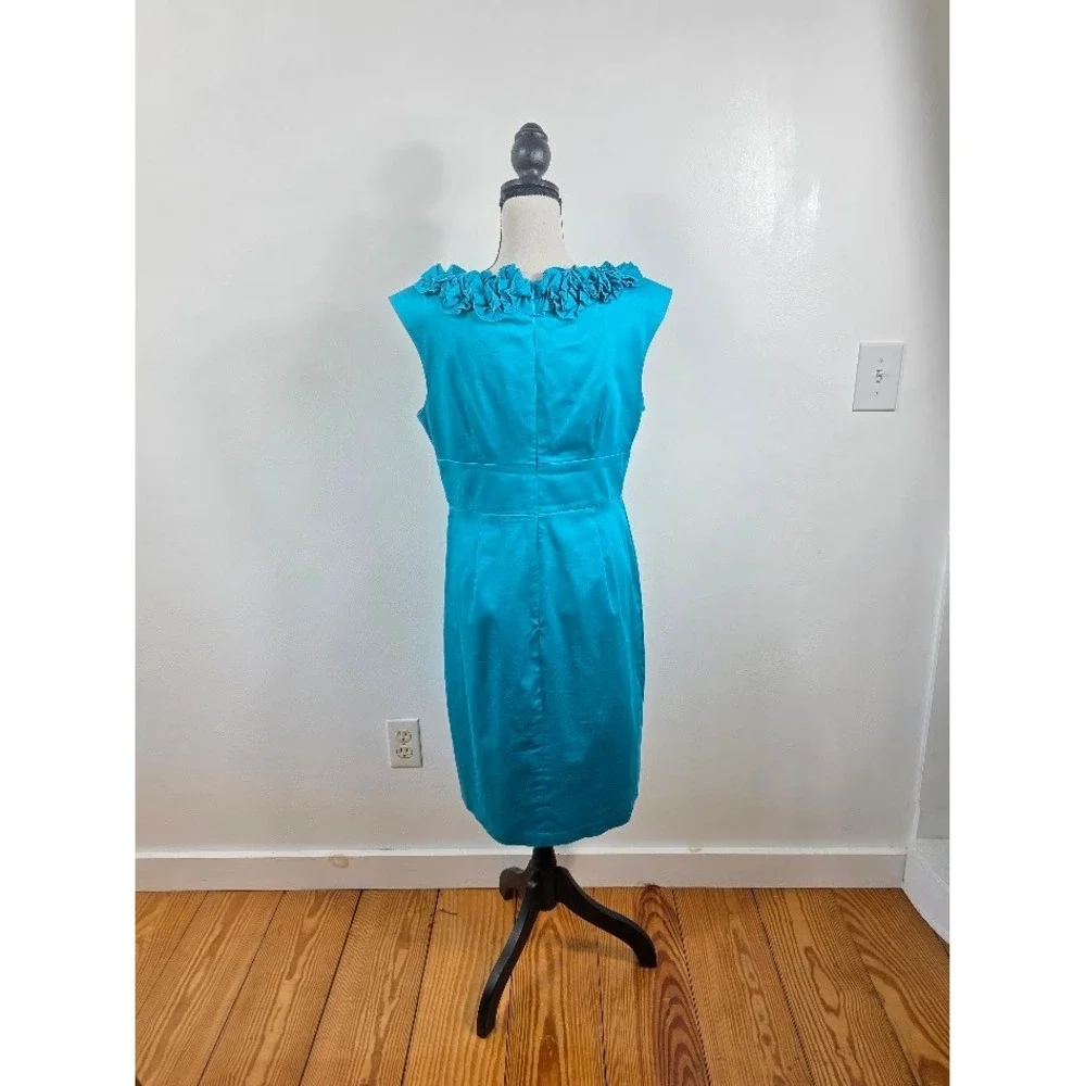 London Times Sheath‎ Dress Womens 12 Blue Ruffle Neck Sleeveless Cocktail Party